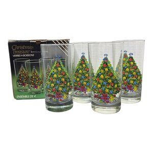 Vintage 1989 Christmas Treasure Set of 4 Drinking Glass Tumblers By Action Ind.